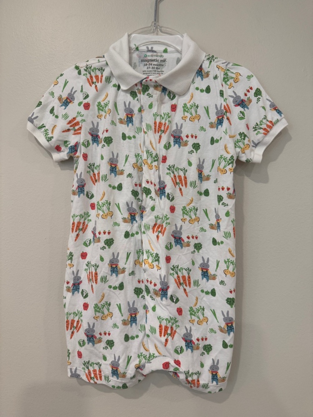 Magnetic Me White Bunny & Veggie Polo Romper Gardening